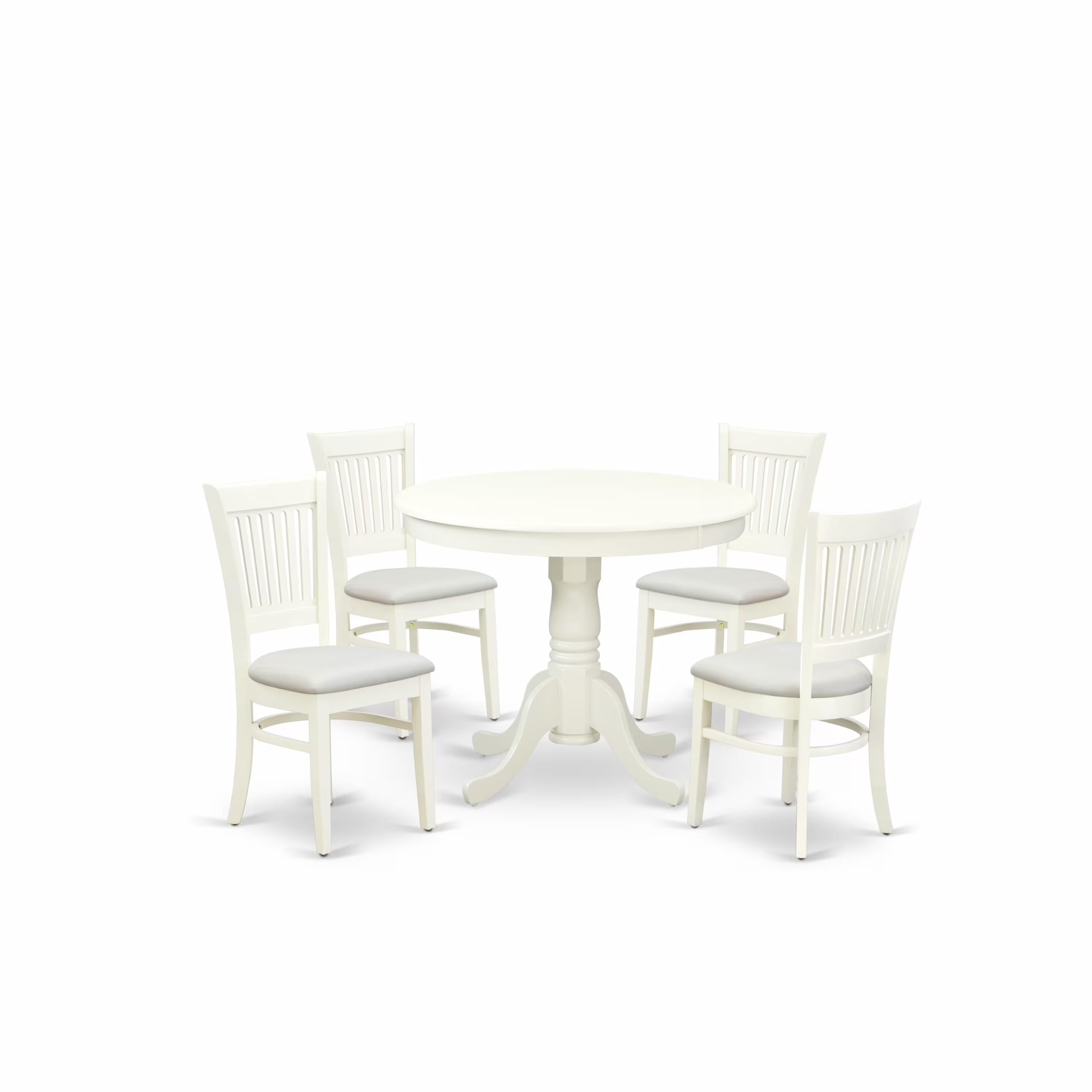 East West Furniture Anva5-Lwh-C 5 Piece Dining Room Table Set Includes A Round Kitchen Table With Pedestal And 4 Linen Fabric Upholstered Dining Chairs, 36X36 Inch, Linen White